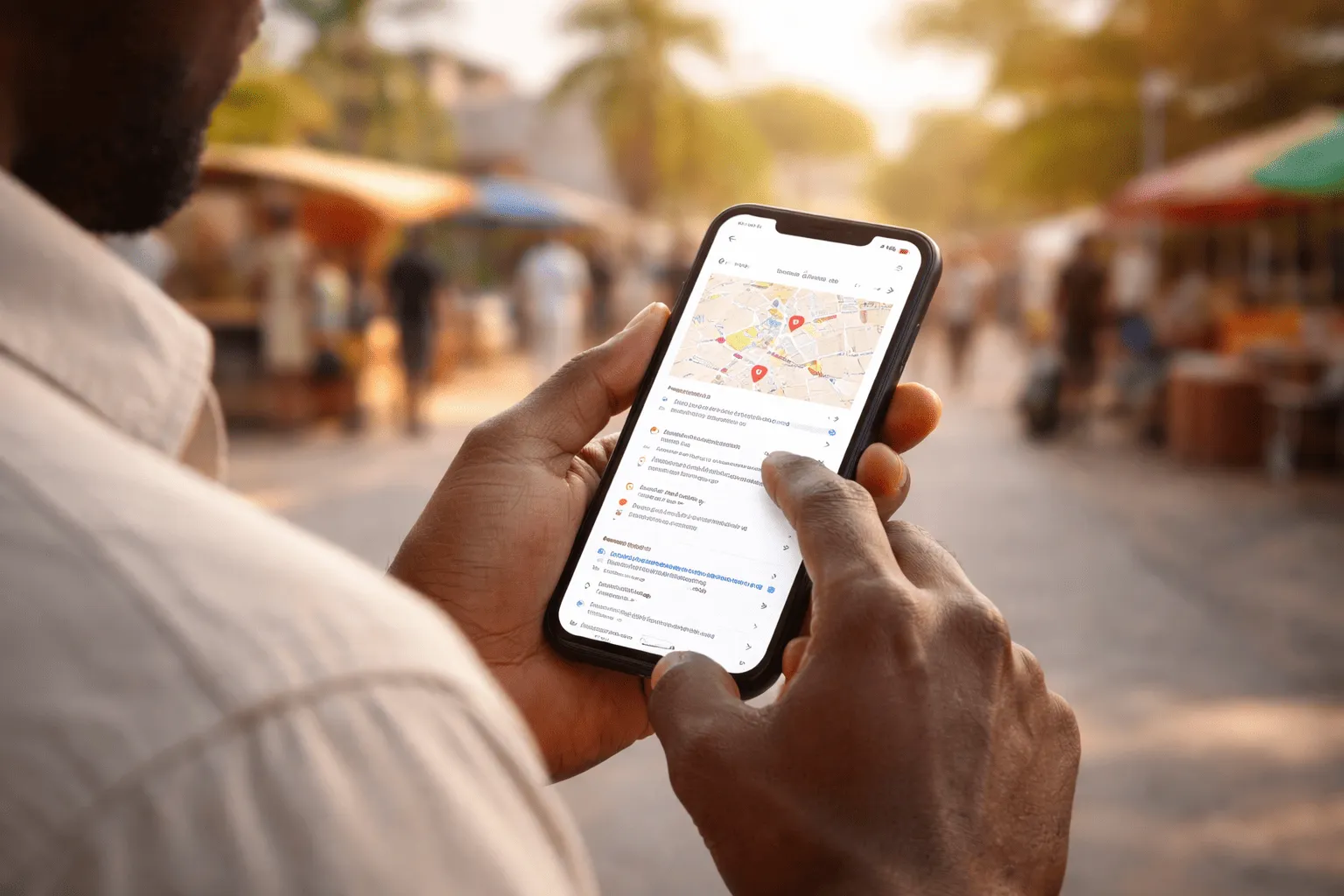 A person in The Gambia searching for a local business online using a smartphone, showing Google search results