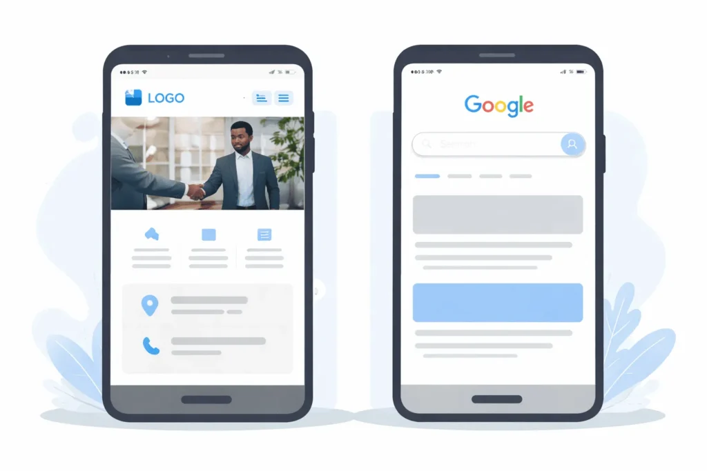 Comparison showing a business in The Gambia with a professional website versus one with no website, illustrating the credibility gap