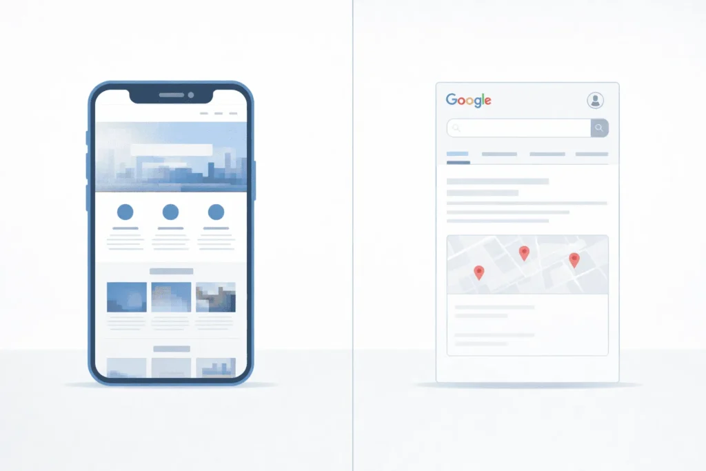 Comparison of a business with a website versus no online presence in The Gambia, showing impact on customer first impressions