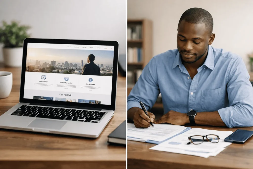 Web design services in The Gambia offered by Sublex Digital, professional website on a laptop in a local business setting