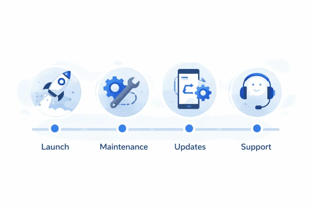 Post-launch website lifecycle showing maintenance, updates and support stages for businesses working with a website design company in The Gambia