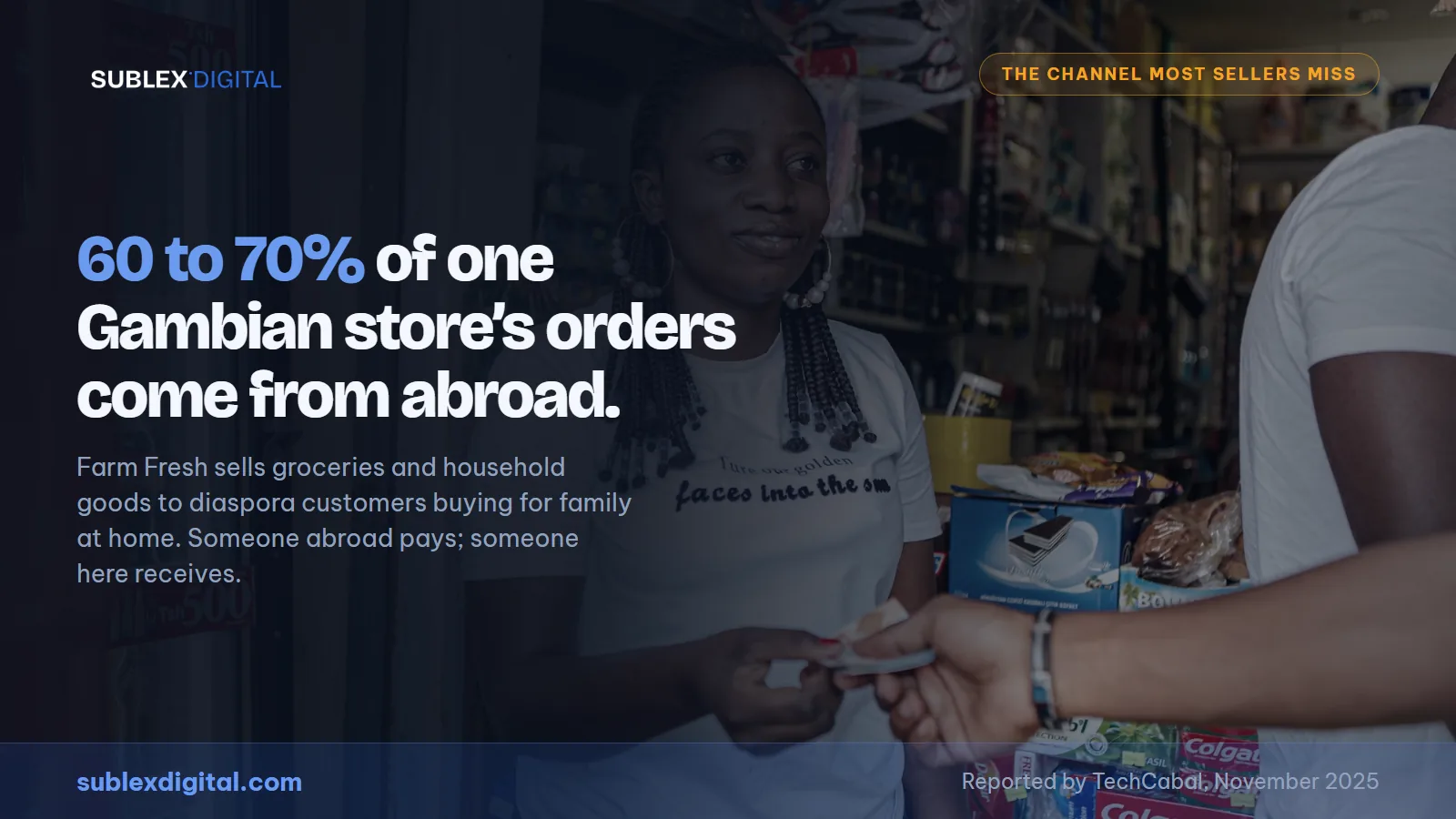 A Gambian shopkeeper taking payment, illustrating the diaspora orders that make up most of one online store's sales