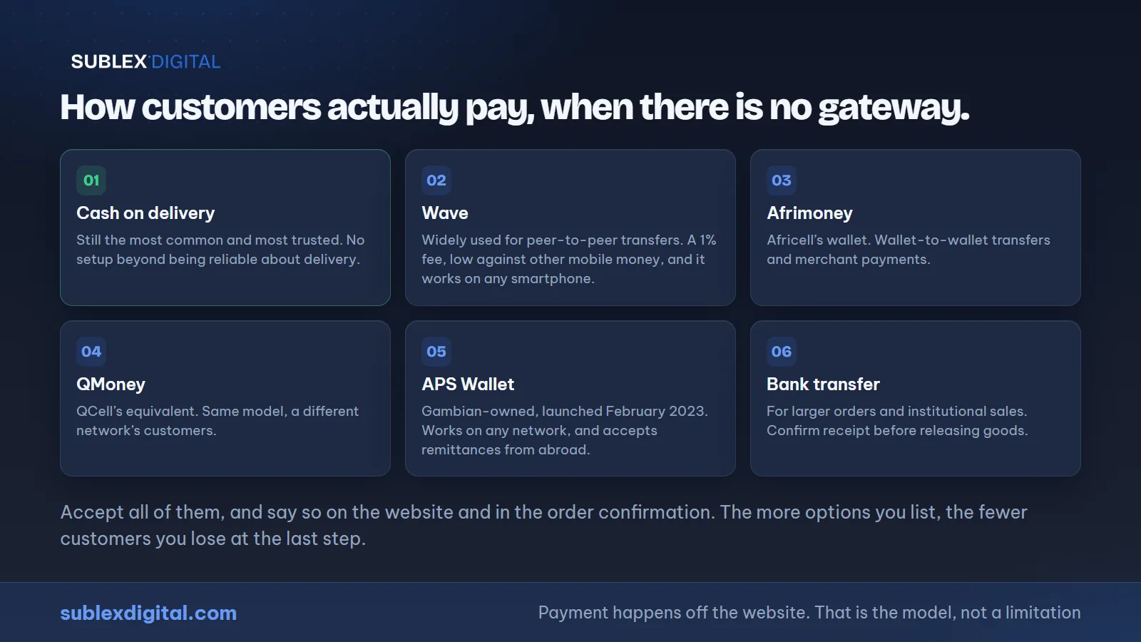 Payment options for businesses that sell online in The Gambia: mobile money, cash on delivery, and bank transfer