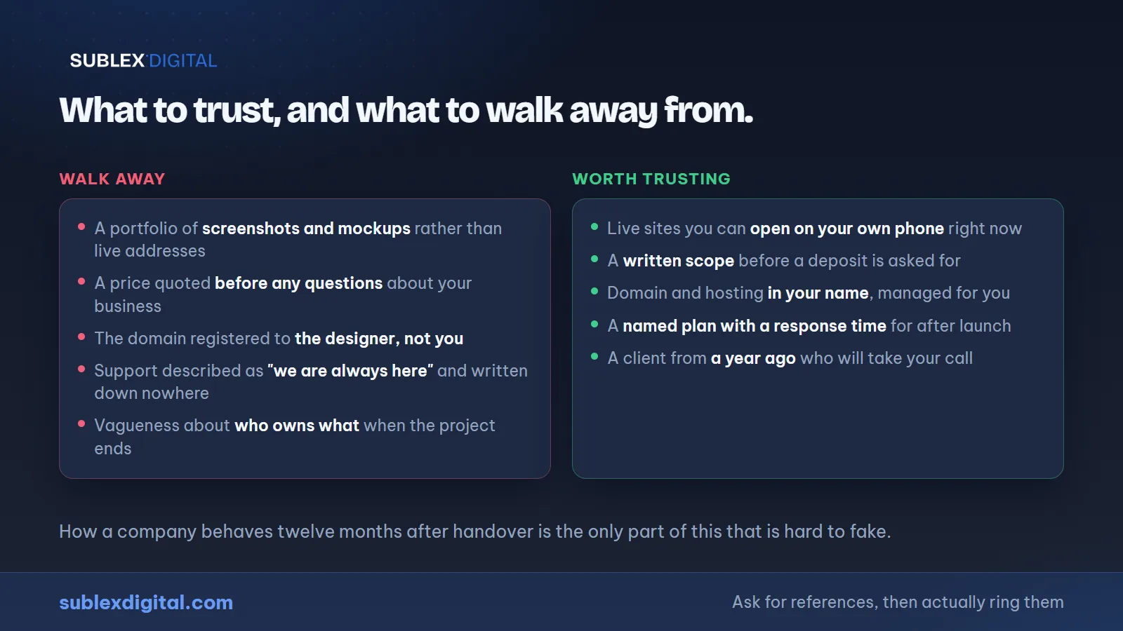Signs worth trusting and signs worth walking away from when hiring a web designer