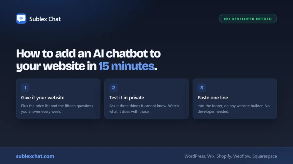 AI chatbot setup in three steps, from web address to live widget
