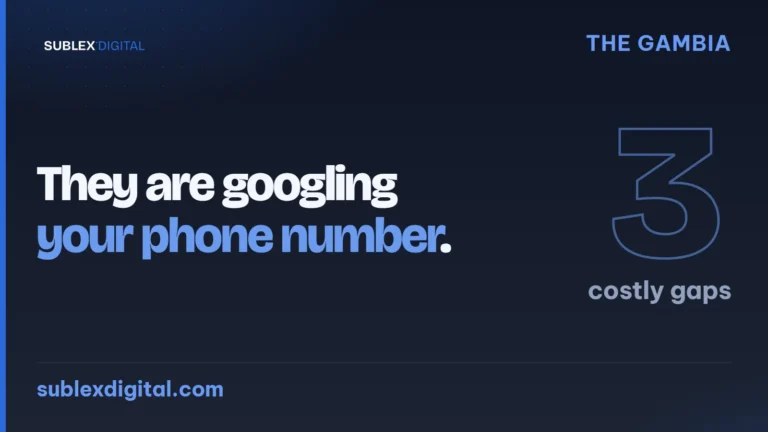 Customer service in The Gambia, a cover reading they are googling your phone number, beside the numeral three for three costly gaps
