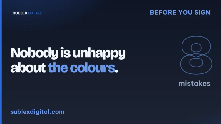 How to hire a web designer, a cover reading nobody is unhappy about the colours, beside the numeral eight for eight mistakes